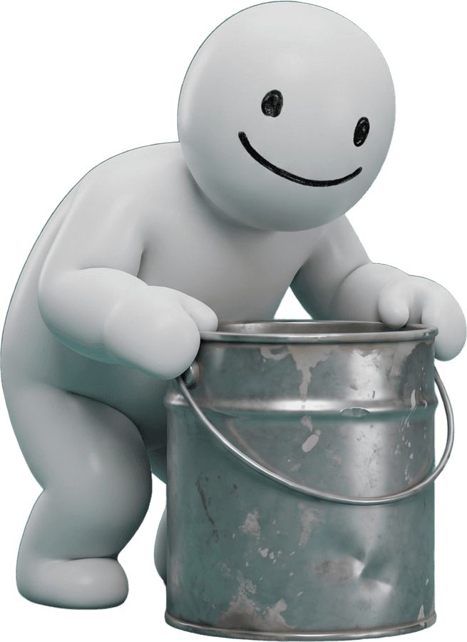 Mecha peeking out from behind a paint bucket
