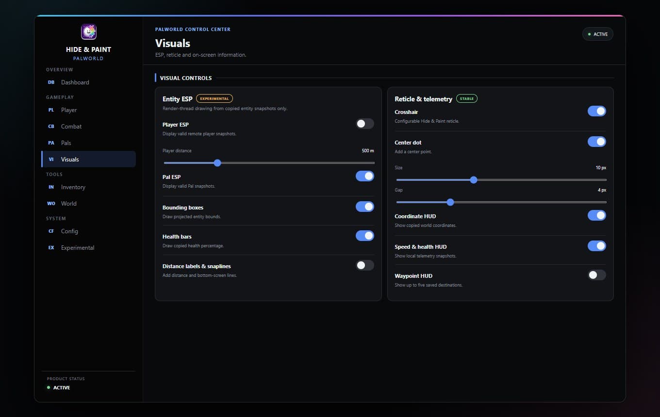 The Hide & Paint Palworld V4 control center — Visuals page: Player and Pal ESP, boxes, health bars, snaplines, and coordinate/telemetry HUDs.