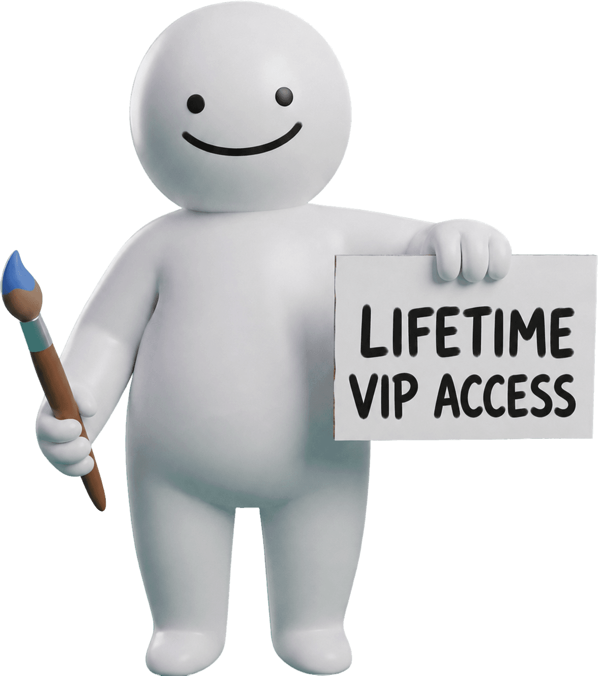 Mecha holding a Lifetime VIP Access sign