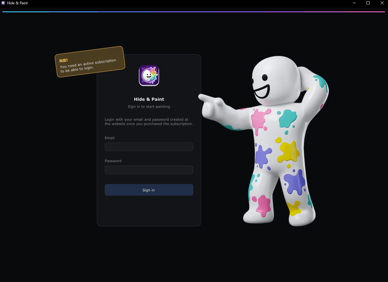 The Hide & Paint loader: a sign-in window for email and password, with the paint-splattered mascot pointing at it.